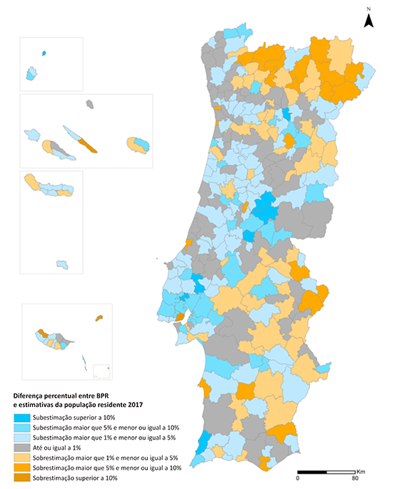 Mapa-Diferença entre BPR e Estimativas da População Residente