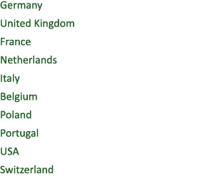 Germany United Kingdom France Netherlands Italy Belgium Poland Portugal USA Switzerland 