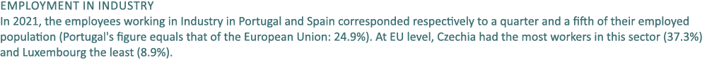 Employment in Industry In 2021, the employees working in Industry in Portugal and Spain corresponded respectively to ...
