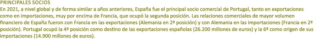 Principales socios En 2021, a nivel global y de forma similar a a os anteriores, Espa a fue el principal socio comerc...