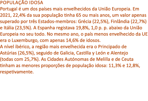 Popula o idosa Portugal   um dos pa ses mais envelhecidos da Uni o Europeia. Em 2021, 22,4% da sua popula  o tinha 6...