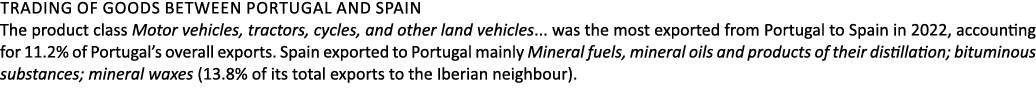 Trading of goods between Portugal and Spain The product class Motor vehicles, tractors, cycles, and other land vehicl...