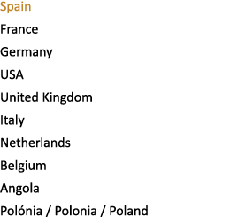 Spain France Germany USA United Kingdom Italy Netherlands Belgium Angola Pol nia / Polonia / Poland 