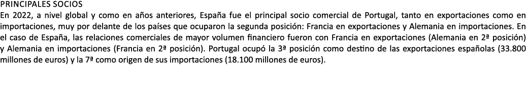 Principales socios En 2022, a nivel global y como en a os anteriores, Espa a fue el principal socio comercial de Port...