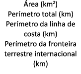  rea (km2) Per metro total (km) Per metro da linha de costa (km) Per metro da fronteira terrestre internacional (km)