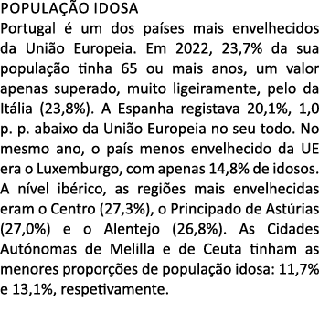 Popula o idosa Portugal   um dos pa ses mais envelhecidos da Uni o Europeia. Em 2022, 23,7% da sua popula  o tinha 6...